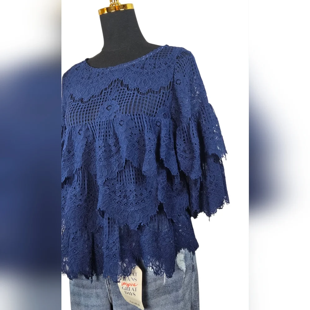 Elena Antoniades London Navy Blue Lace Tiered Blouse M | Floral Crochet Top